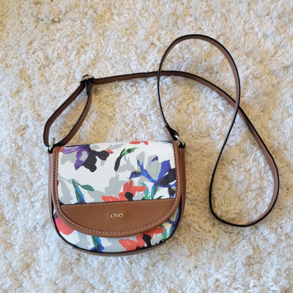 Chaps Watercolor Floral Crossbody Bag Purse Faux Leather Flap Snap
